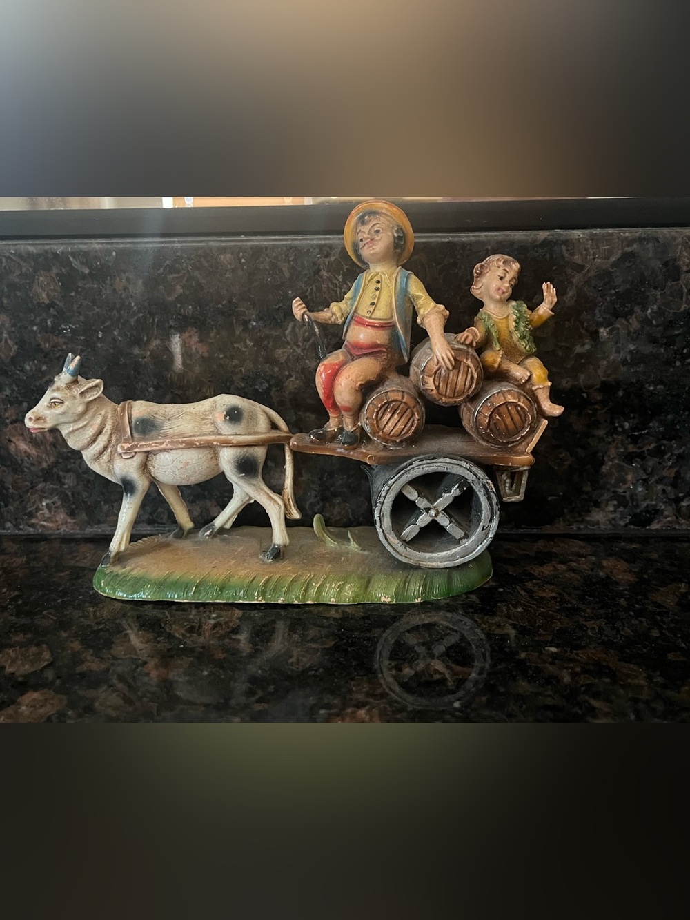 Hand-Painted Ceramic Ox Cart Figurine in Multicolor